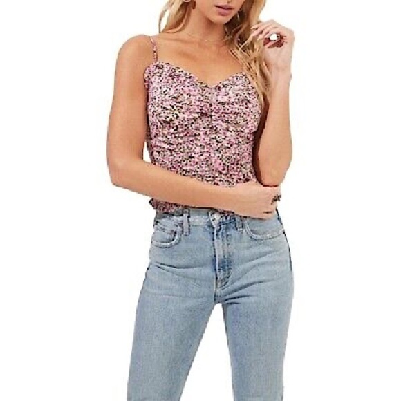 NWOT ASTR the Label Chiffon Ruched Ruffle Floral Blouse Fuchsia Ditsy Size M - Picture 1 of 14